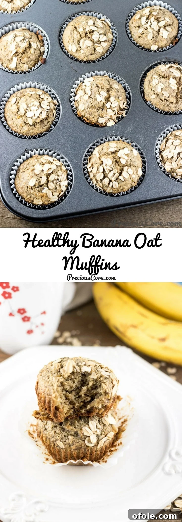 Guilt-Free Banana Oat Muffins 8 Collage with text "Healthy Banana Oat Muffins. Easy Guilt-Free Recipe for Breakfast or Snack."
