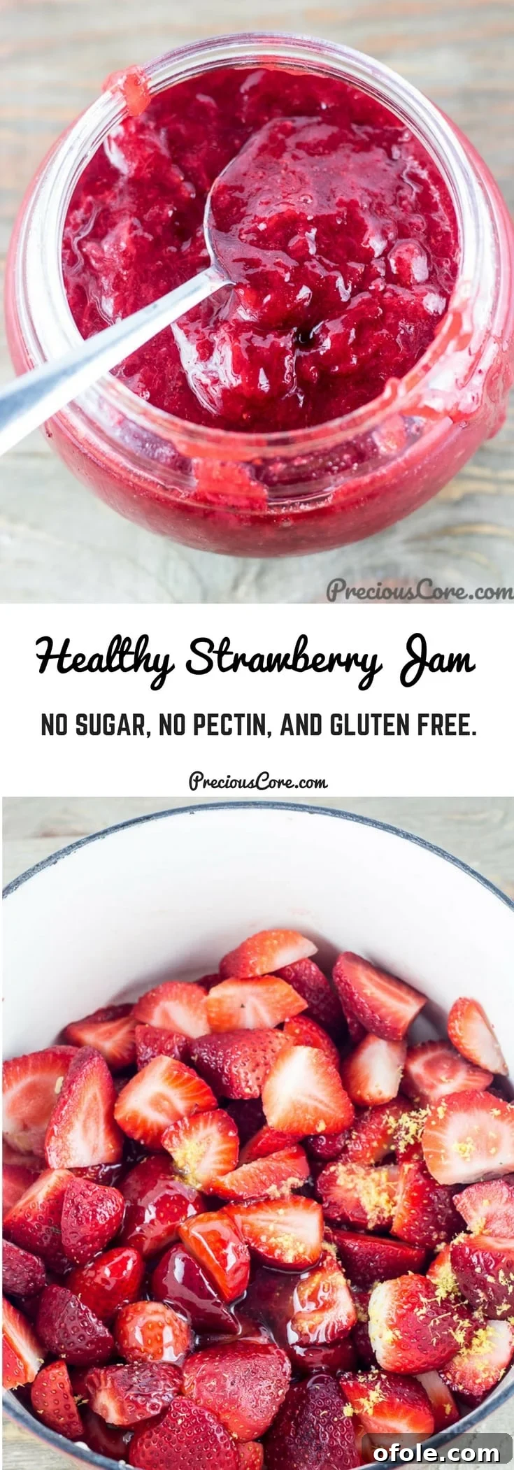 Collage with text "Healthy Strawberry Jam No Sugar, No Pectin, and Gluten Free." for Pinterest.