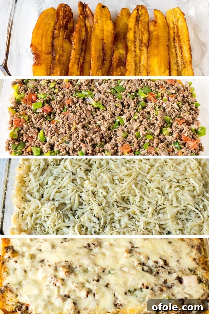 Pastelon: Plantain Lasagna 9 Plantain Lasagna - how to layer the components. Perfectly arranged for baking.