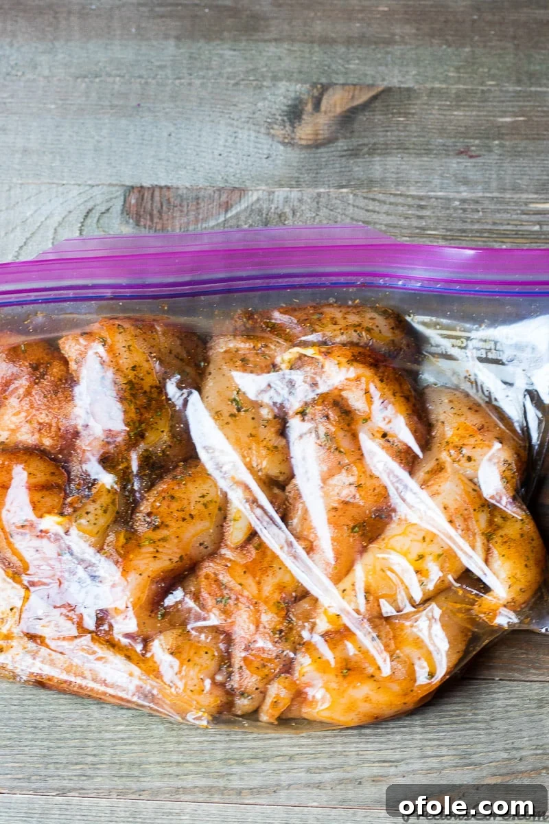 Grilled Chicken Tenders Perfection 3 Chicken tenderloins marinating in a Ziploc bag with herbs and spices for optimal flavor absorption