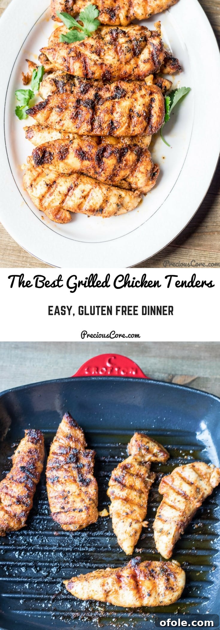 Grilled Chicken Tenders Perfection 8 Collage with text "The Best Grilled Chicken Tenders Easy, Gluten Free Dinner." featuring a close-up of the dish