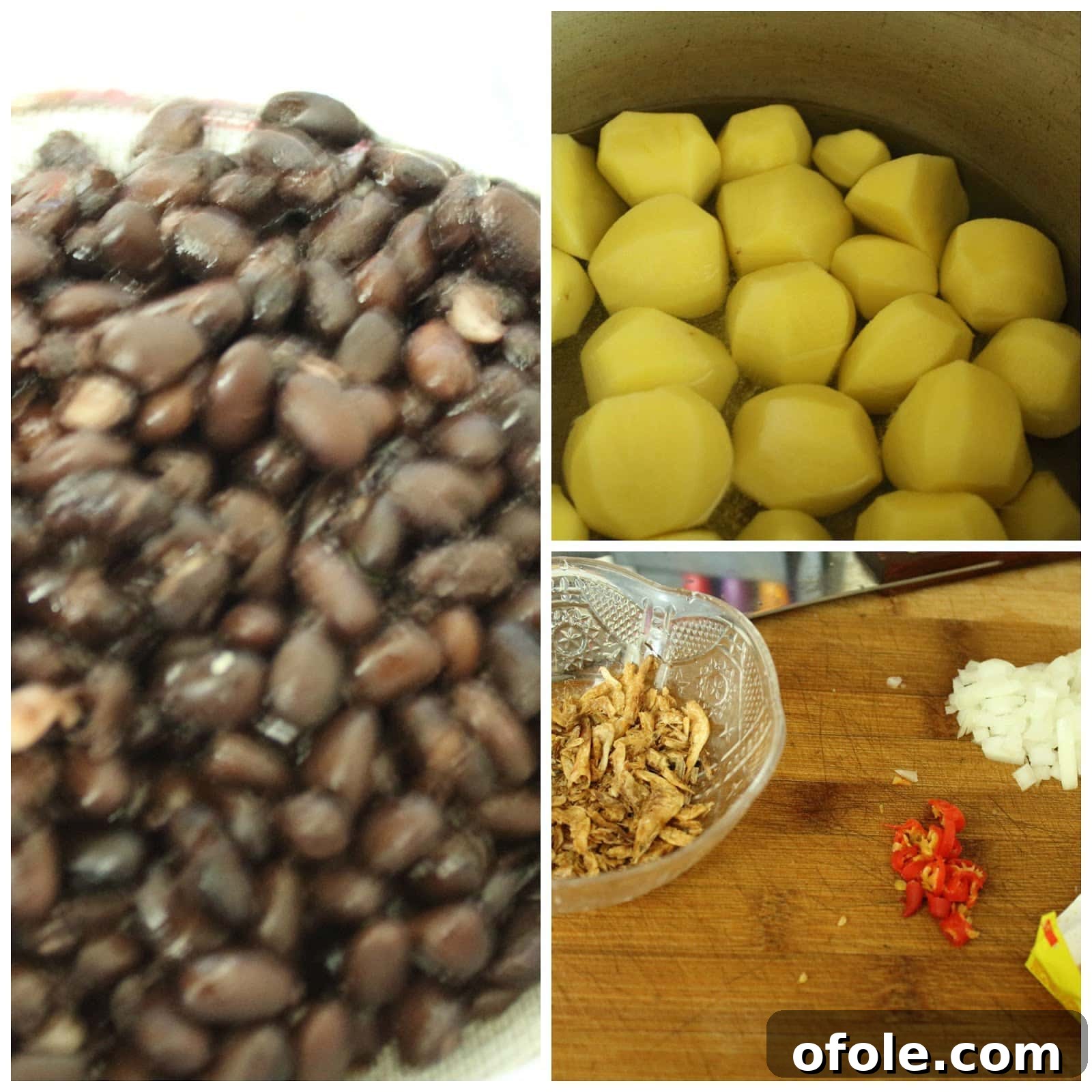 Key ingredients for Cameroonian mashed potatoes and beans: pre-boiled black beans, peeled Irish potatoes, ground crayfish, and chopped onion.