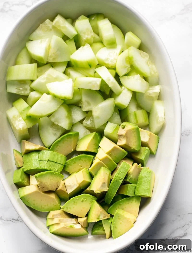 Refreshing Avocado Cucumber Salad 4 Chopped Cucumber Avocado Salad ingredients in a bowl