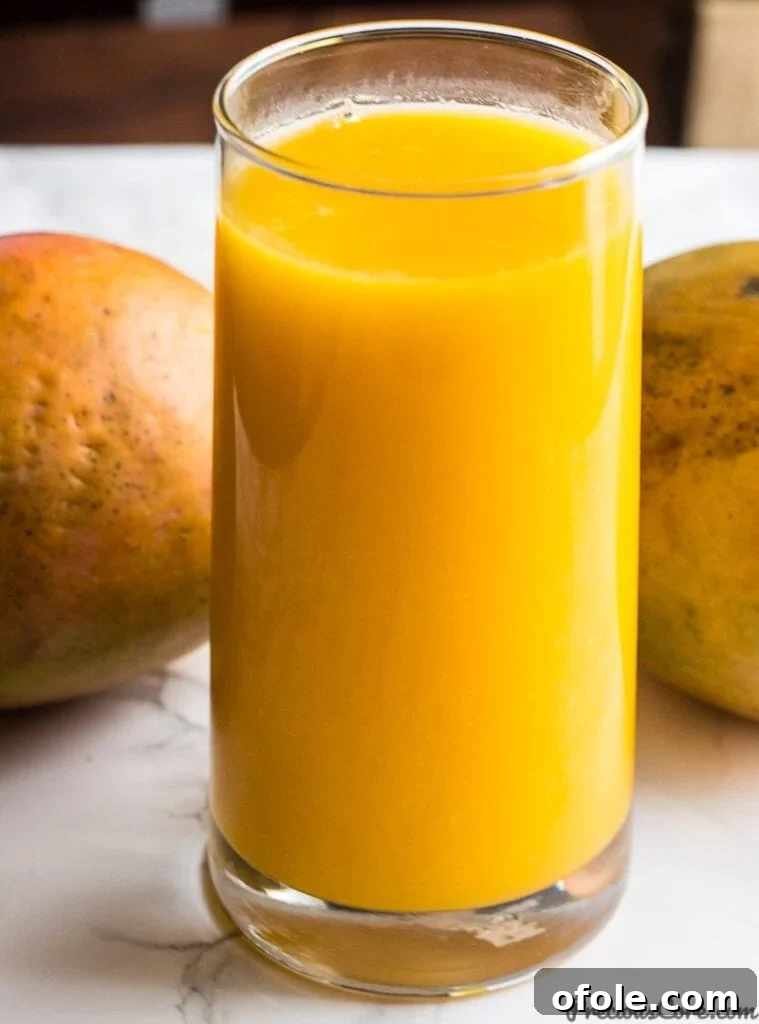Golden Mango Elixir 2 Delicious and refreshing homemade mango juice in a glass, with fresh mango slices.