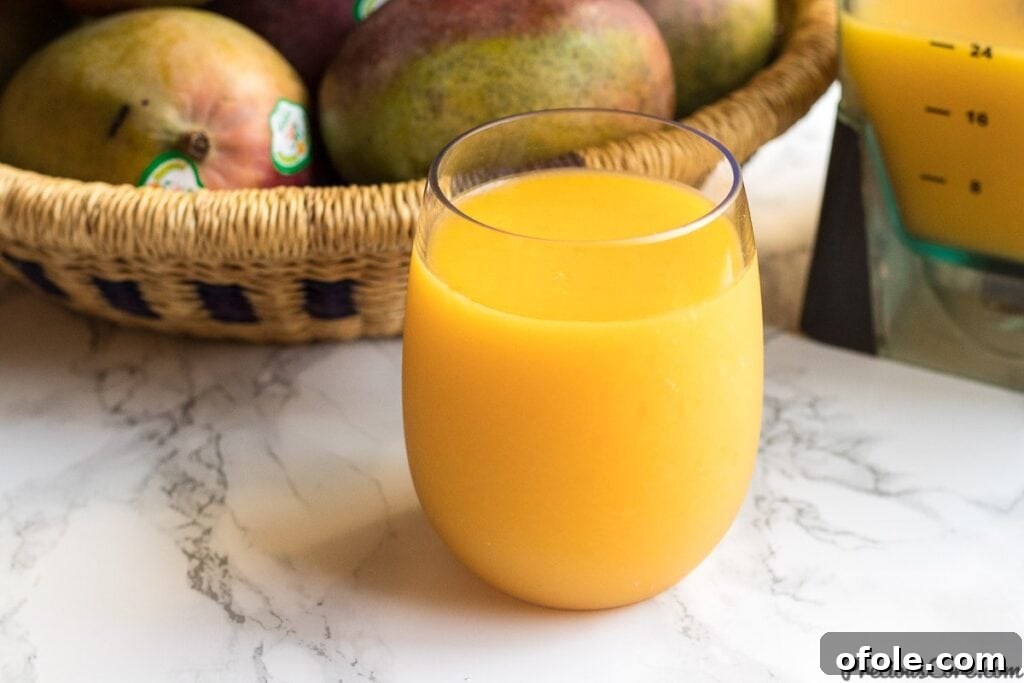 Golden Mango Elixir 5 A glass of creamy, vibrant homemade mango juice with a spoon.