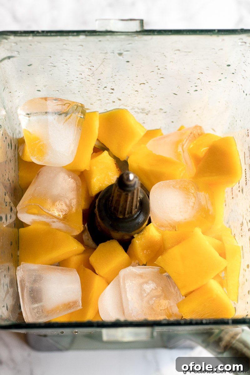 Golden Mango Elixir 7 Chopped mangoes and water in a blender, ready to be pureed into juice.