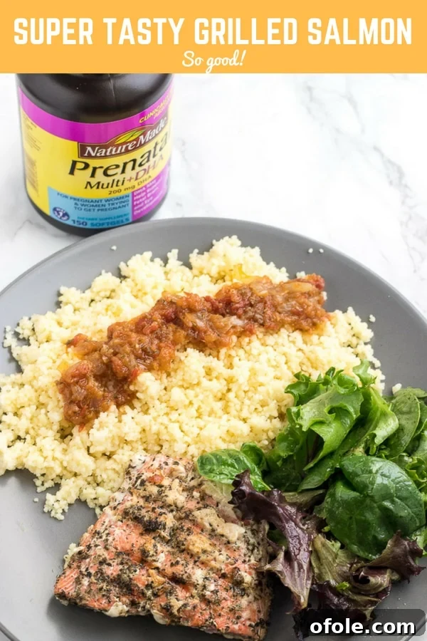Nourishing a Healthy Pregnancy: Grilled Salmon, Veggies, and My Wellness Journey 9 Plate of food with a bottle of Nature Made prenatal vitamins with text \"Super Tasty Grilled Salmon So good!\"
