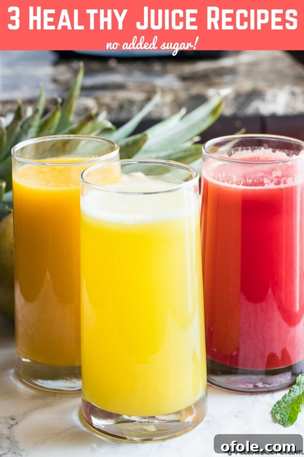 Fuel Your Day: 3 Healthy Juice Blends 7 Three glasses of colorful juice on a rustic wooden table, ready to be pinned.