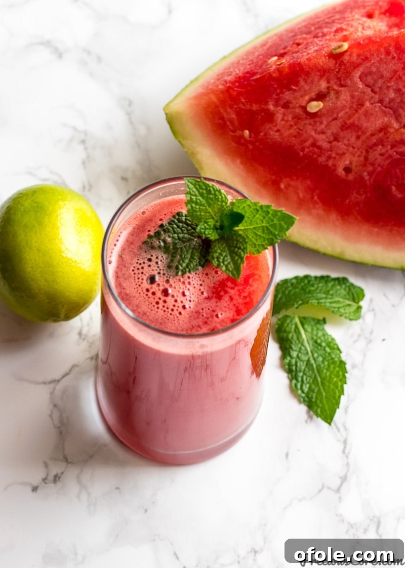 Watermelon Mint Cooler 3 Homemade watermelon mint juice in a glass with mint and lime