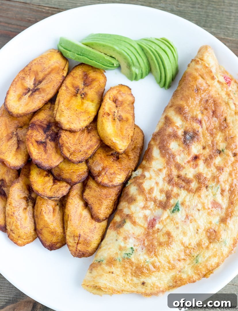 Planting Roots in California 3 Golden fried plantains served alongside a fluffy omelette and creamy avocado slices, a perfect breakfast or light meal.