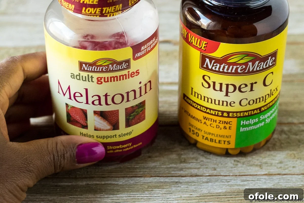 Bottles of Nature Made Melatonin and Super C.