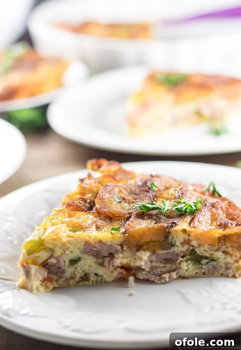 Golden Plantain Bake 4 Plantain Frittata breakfast - a full frittata on a baking dish, ready to be served