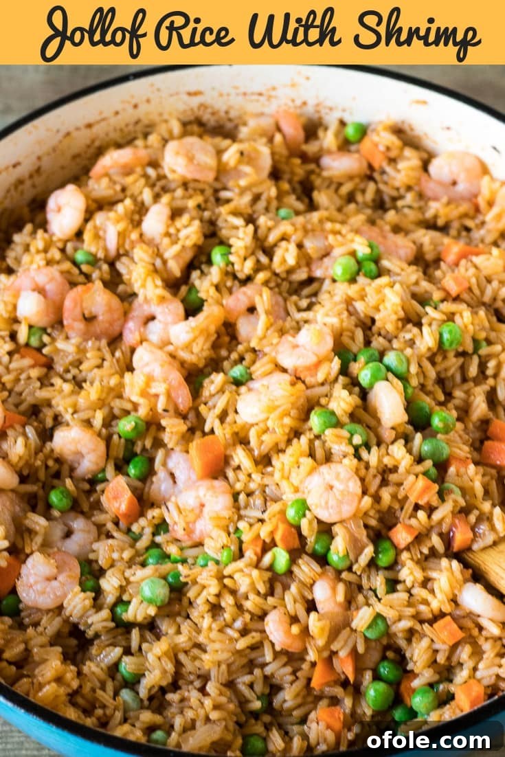 Vibrant Jollof with Succulent Shrimp 7 Pot of rice mixture with text "Jollof Rice with Shrimp: Easy One-Pot Recipe."