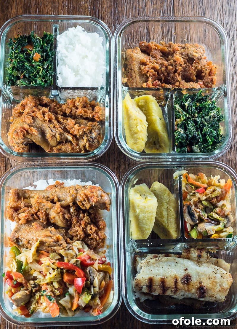 Meal Prep for School and Everyday Lunches 4 Four Meal Prep Bowls loaded with chicken or fish, veggies and rice or plantains.