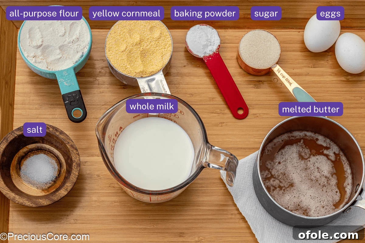 Individual ingredients for cornbread, clearly labeled: cornmeal, flour, sugar, baking powder, salt, whole milk, eggs, and melted butter.
