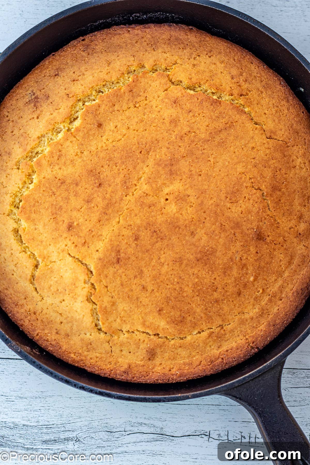 Golden-brown, freshly baked cornbread in a cast iron skillet, straight from the oven.
