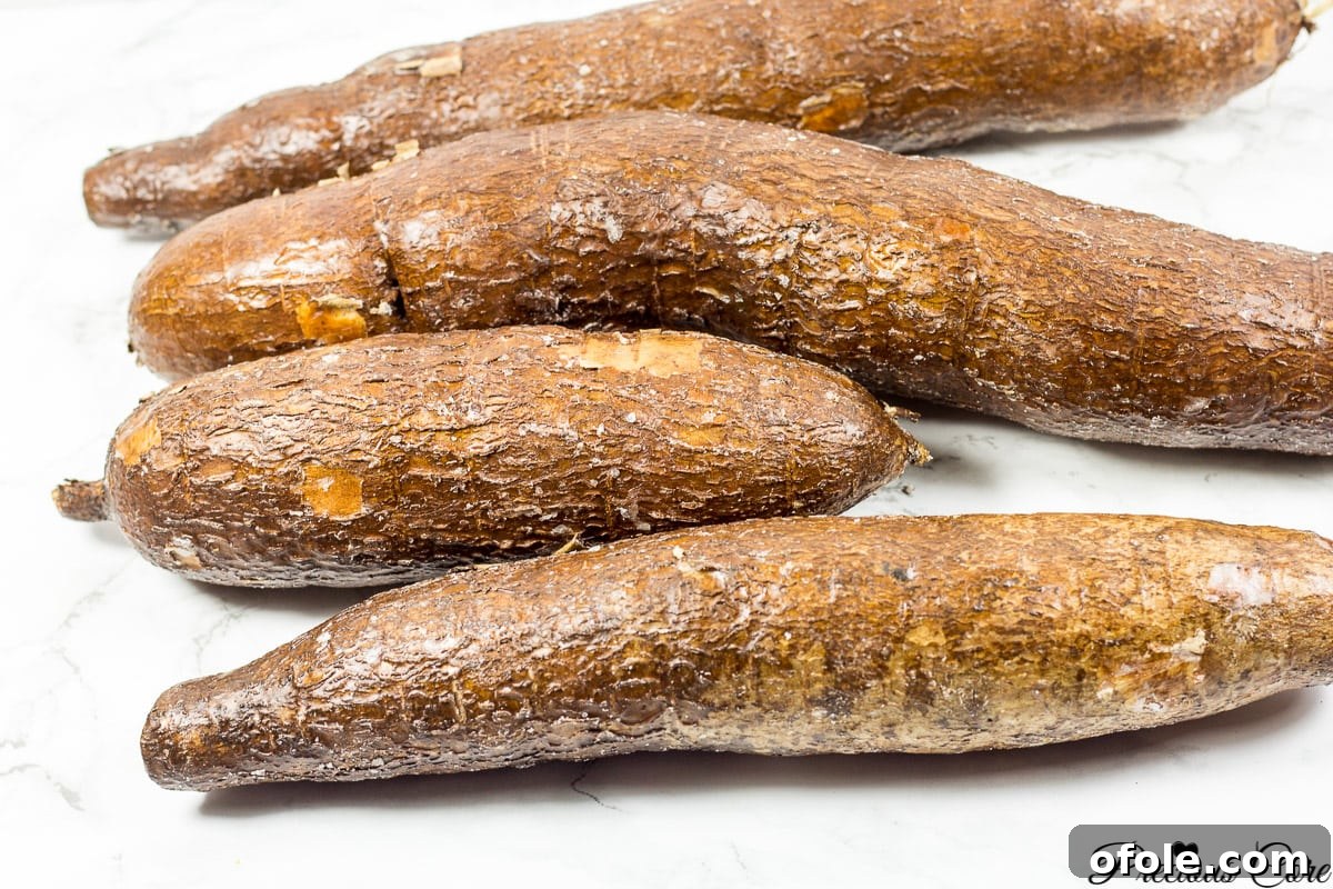 Golden African Banana Fritters 3 Four fresh cassava roots on a kitchen counter, ready for preparation.