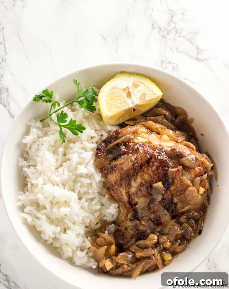 Senegalese Chicken Yassa 4 A generous serving of Senegalese Chicken Yassa with fluffy white rice, presented beautifully in a traditional setting.