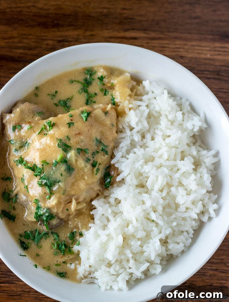 Close-up of creamy chicken in white sauce garnished with fresh parsley.