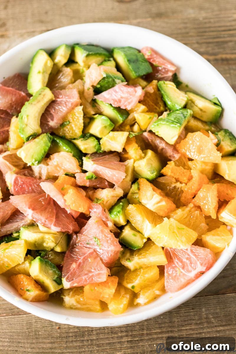 A vibrant, tossed Citrus Salad with Avocado served in a large bowl, ready to be enjoyed.