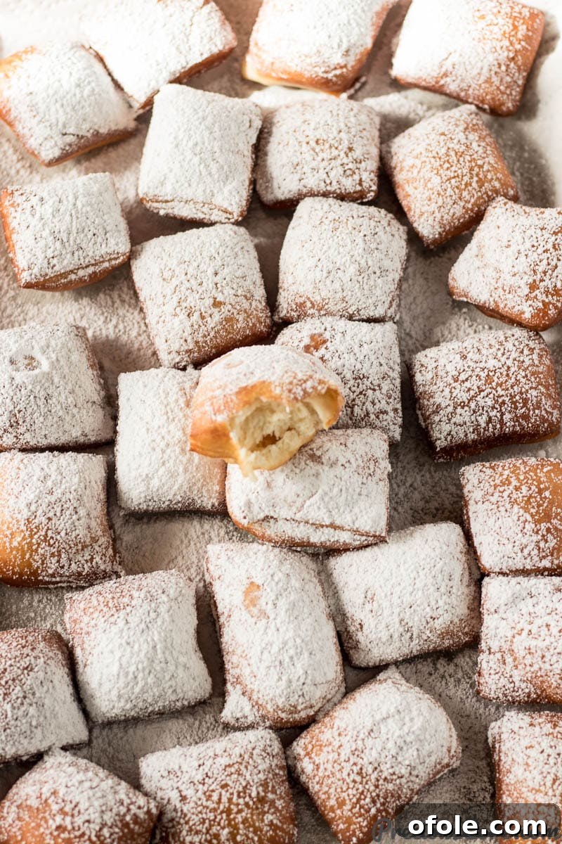 Tray of golden-brown beignets, one with a bite taken out, dusted generously with powdered sugar.
