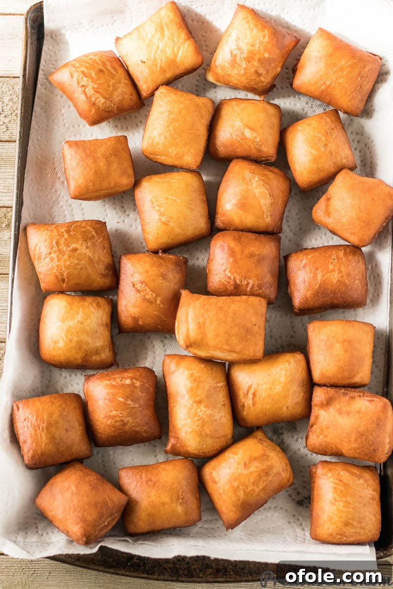 Freshly fried, golden-brown beignets draining on a wire rack over paper towels.