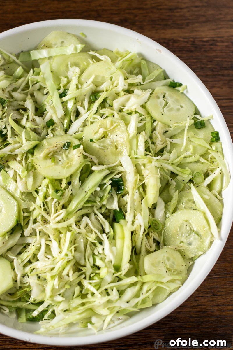 Easy steps to mix and dress a fresh cabbage salad.