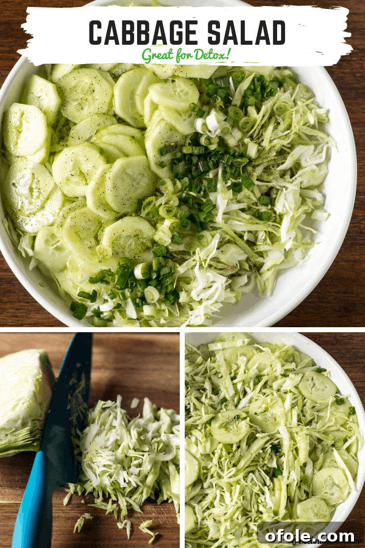 Collage showing the process of chopping ingredients and making a fresh cabbage salad.