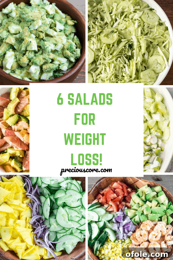Slim Down Deliciously: 6 Power Salads 2 Collage of six diverse salads with text "6 salads for weight loss!" overlay, showcasing vibrant and healthy meal options