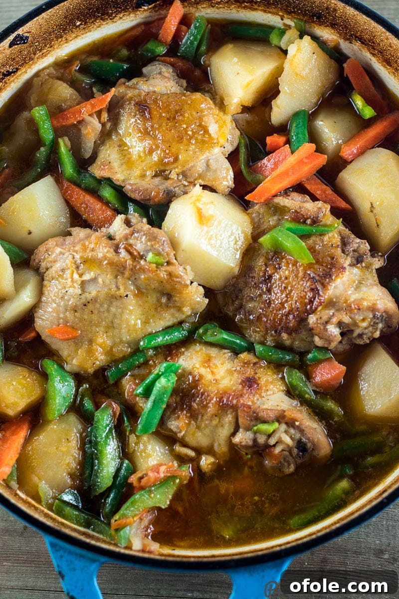 A large pot filled with perfectly cooked Chicken and Potatoes stew, fresh from the oven