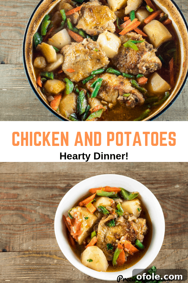 A collage of two appetizing images of Chicken and Potatoes stew, highlighting its rich textures