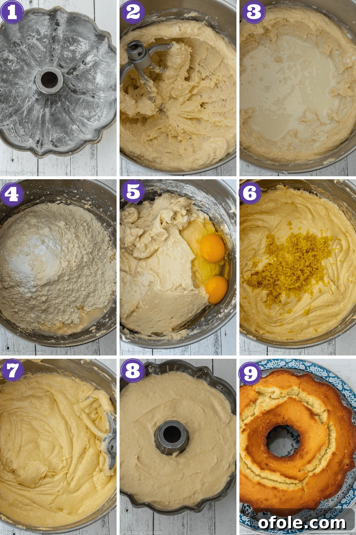 Zesty Southern Lemon Pound Cake 8 A collage of nine step-by-step images demonstrating the process of making lemon pound cake, from mixing ingredients to the baked cake.