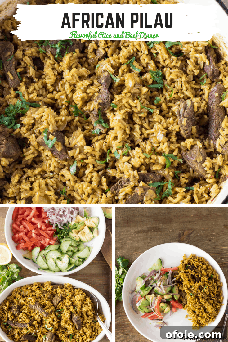 Collage of food with text "African Pilau Flavorful Rice and Beef Dinner."