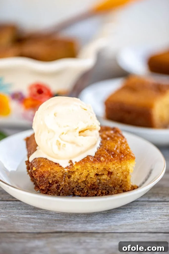 A slice of South African Malva Pudding Recipe topped with a scoop of ice cream.
