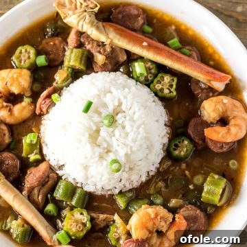 Seafood Gumbo and rice on a plate, a classic Southern comfort meal.