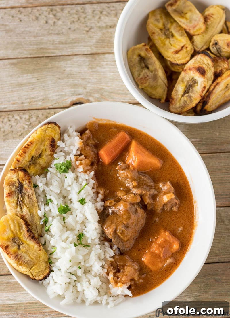 African Peanut Butter Stew served with rice and plantains.