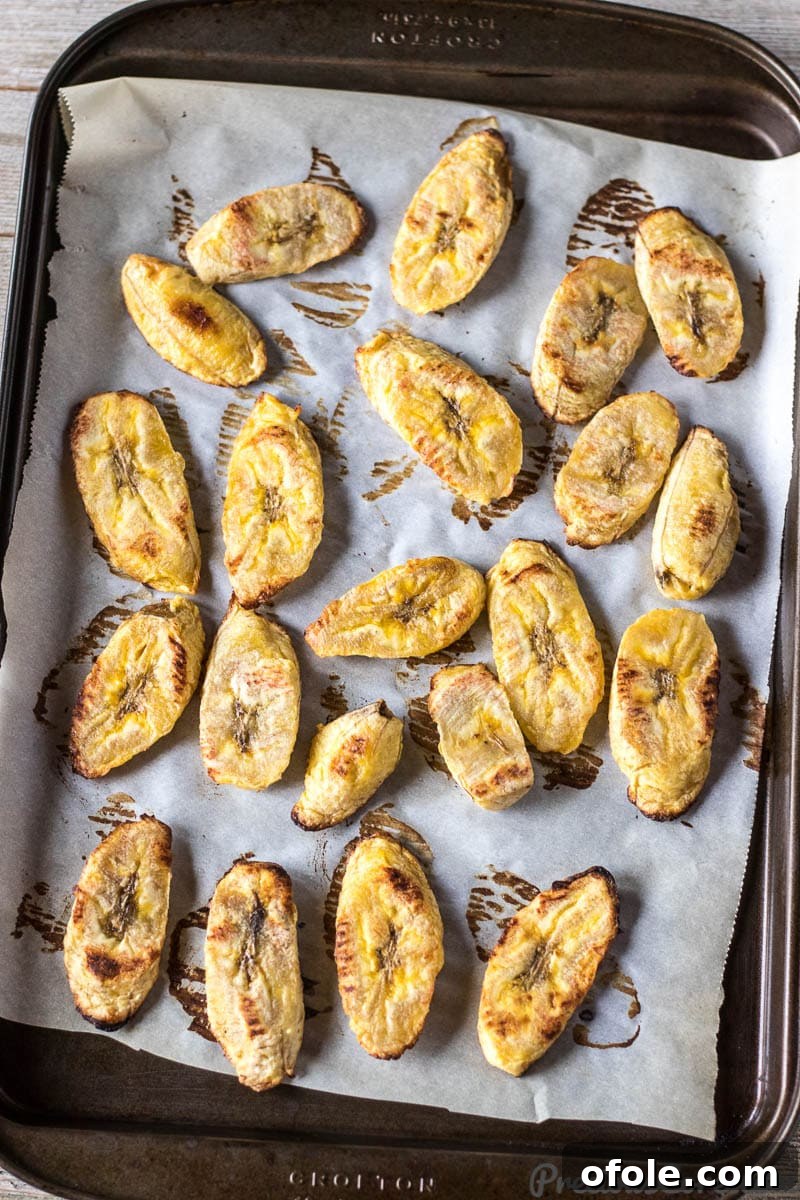 Baked Plantains on a baking sheet, golden brown and perfectly cooked.