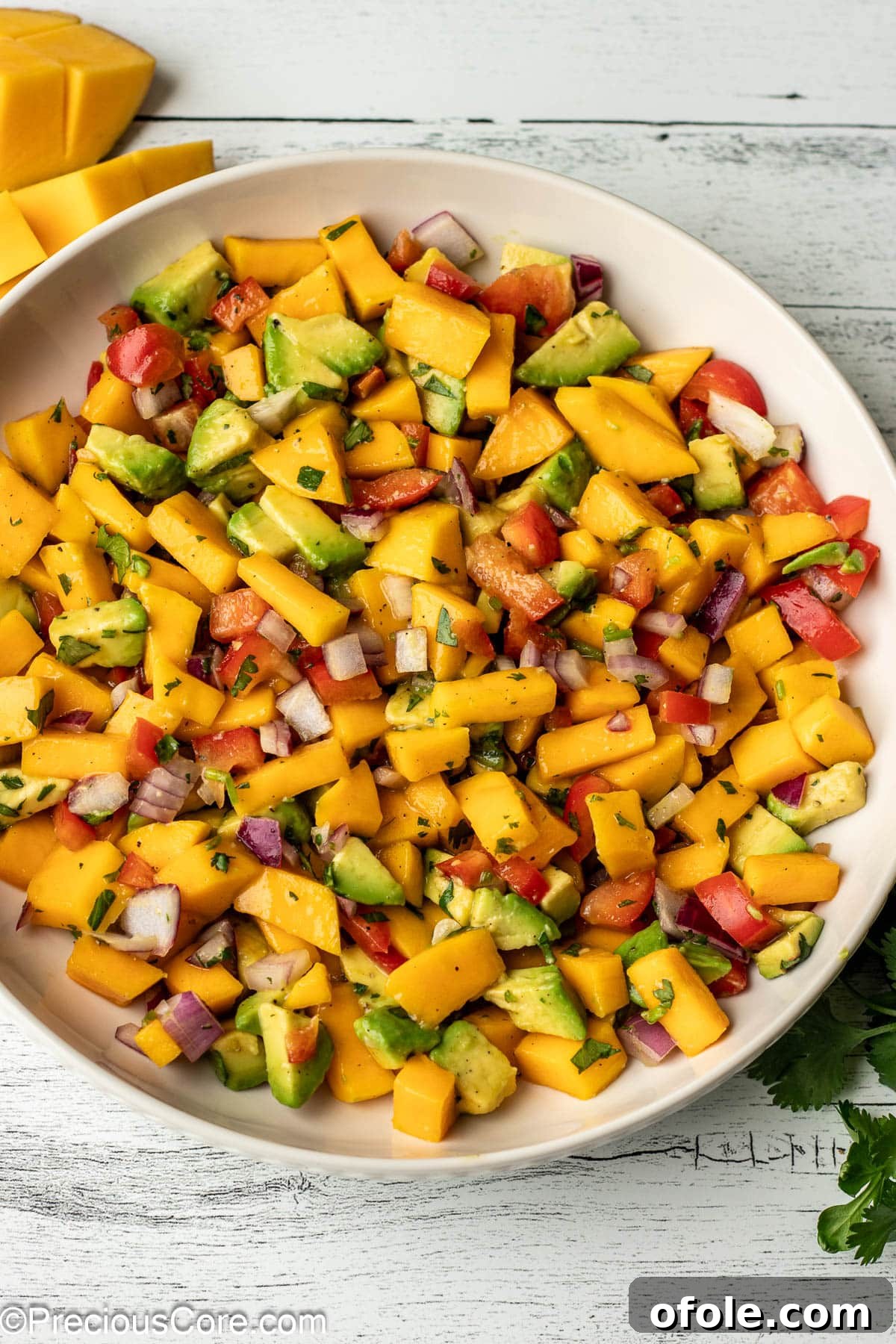 A bowl with diced mango, avocado, and other ingredients for salsa.