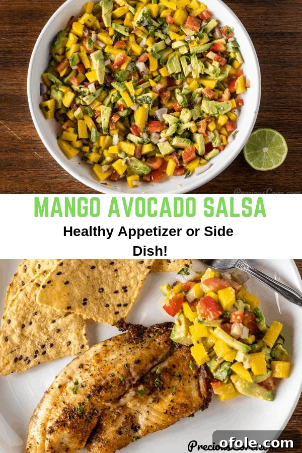 Collage of two pictures of Mango Avocado Salsa: one in a bowl, one on grilled fish.