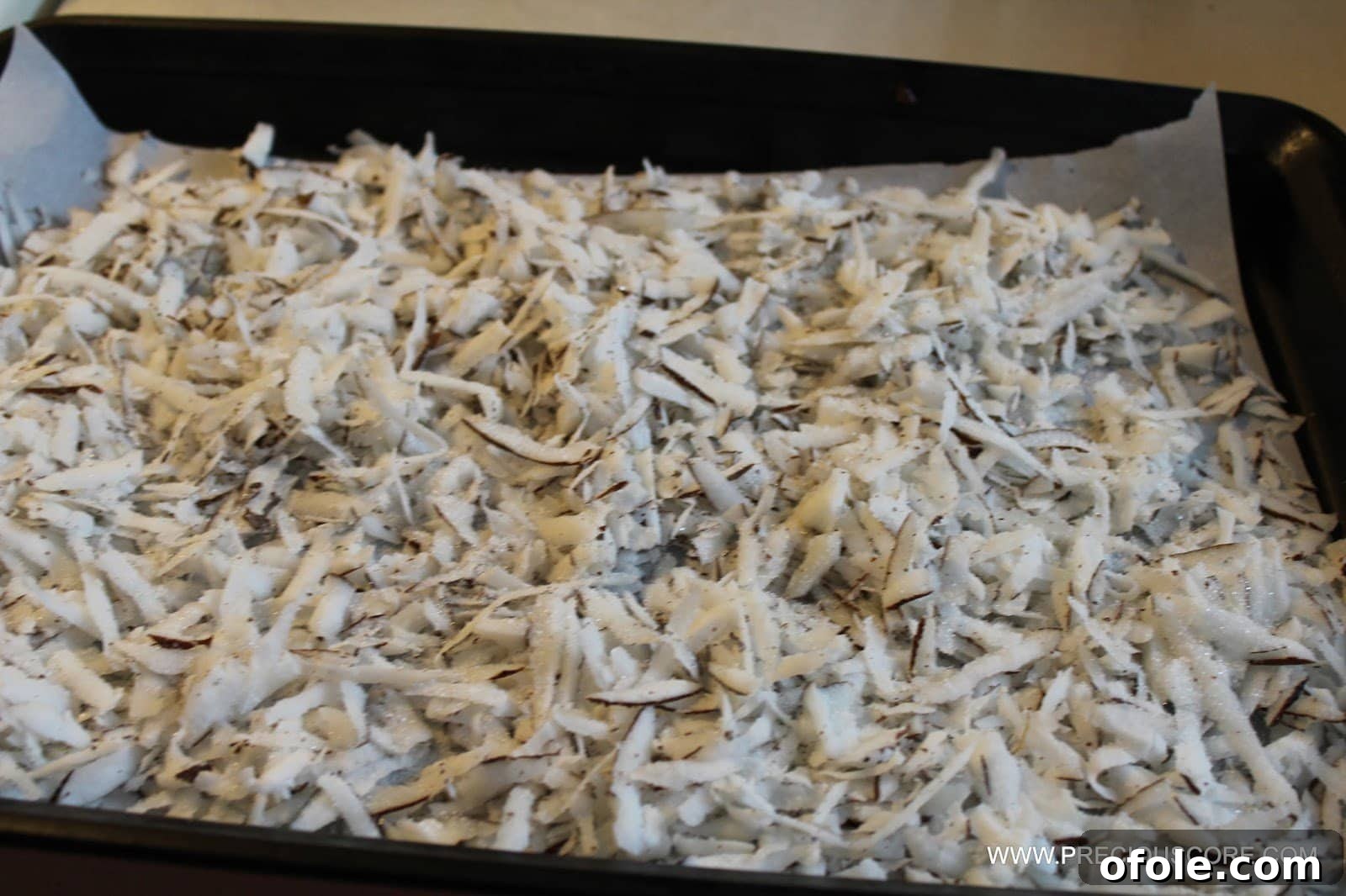 Shredded coconut spread on baking sheet with sugar