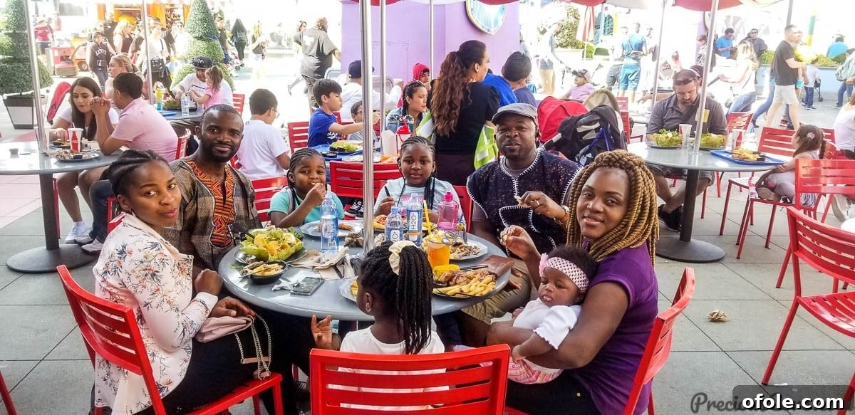 Hollywood Thrills Our Universal Studios Adventure 4 Family enjoying a meal at a restaurant in Universal Studios Hollywood