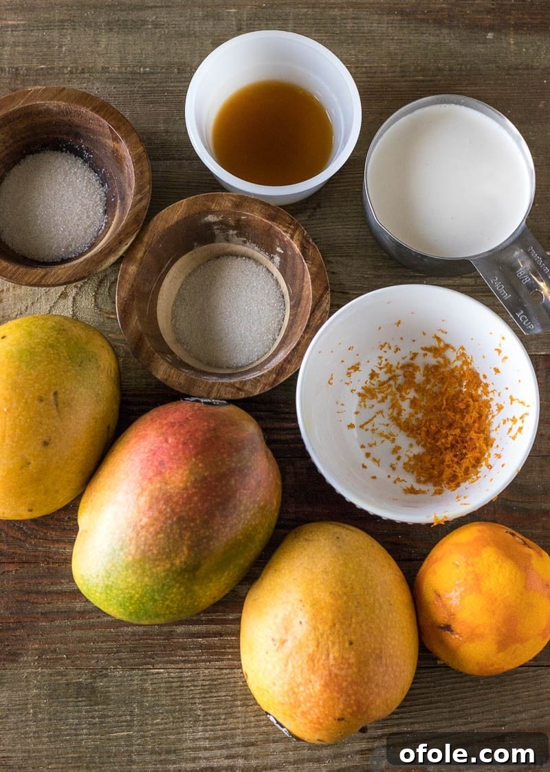 Velvet Mango Indulgence 4 Ripe Mangoes, orange zest, honey, sugar, heavy whipping cream