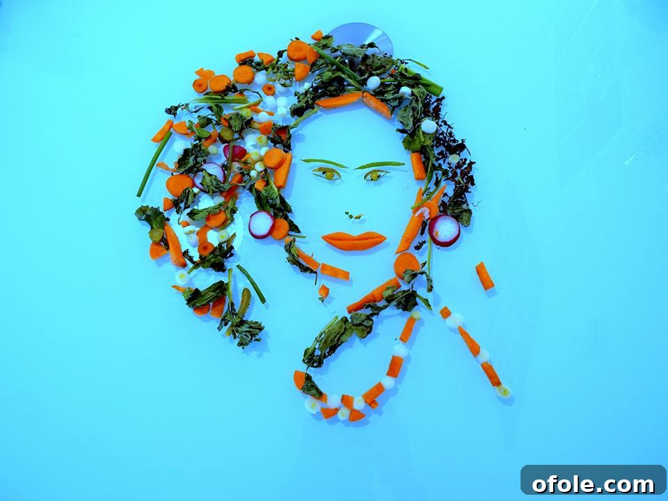 Creative food art featuring a woman's face made from various vegetables like carrots, leeks, celery, and radish earrings