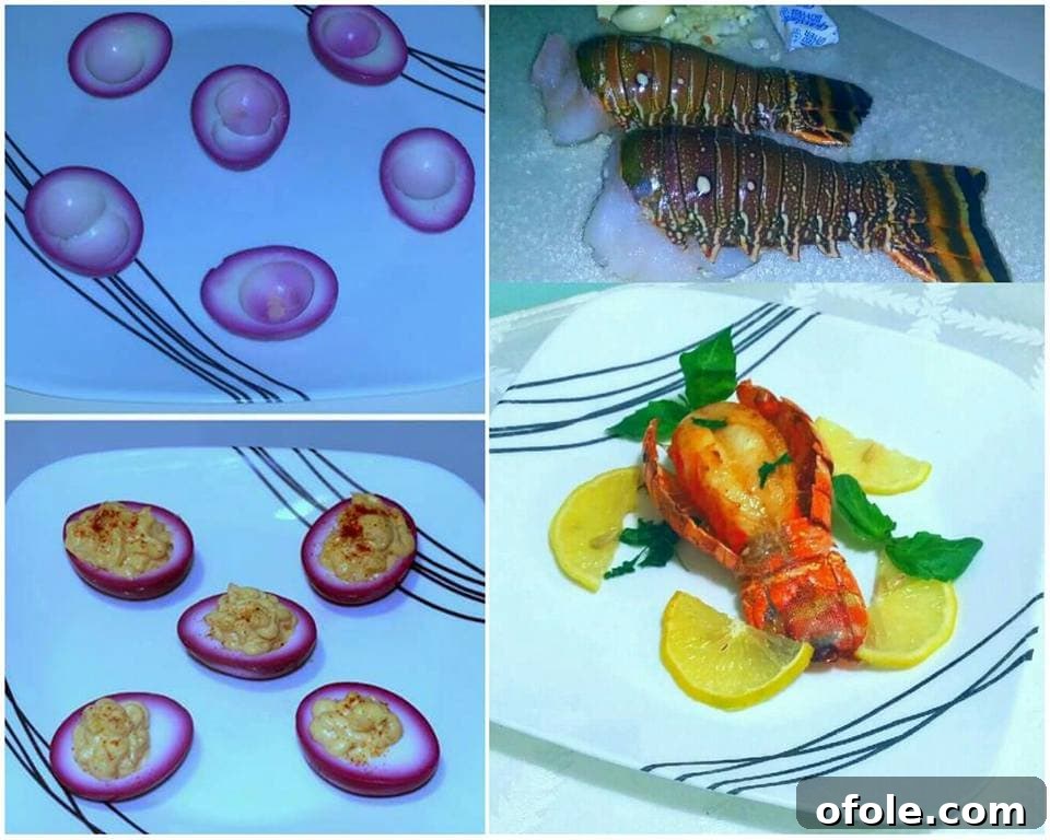 Vibrantly dyed purple deviled eggs, artfully arranged