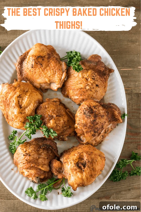 Golden Crispy Oven Chicken Thighs 8 Picture of crispy chicken thighs with text on top
