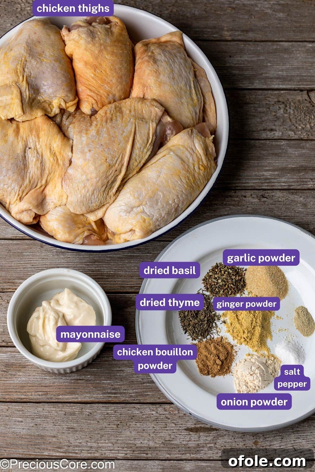 Ingredients for mayonnaise chicken with labels on them, ready for mixing.