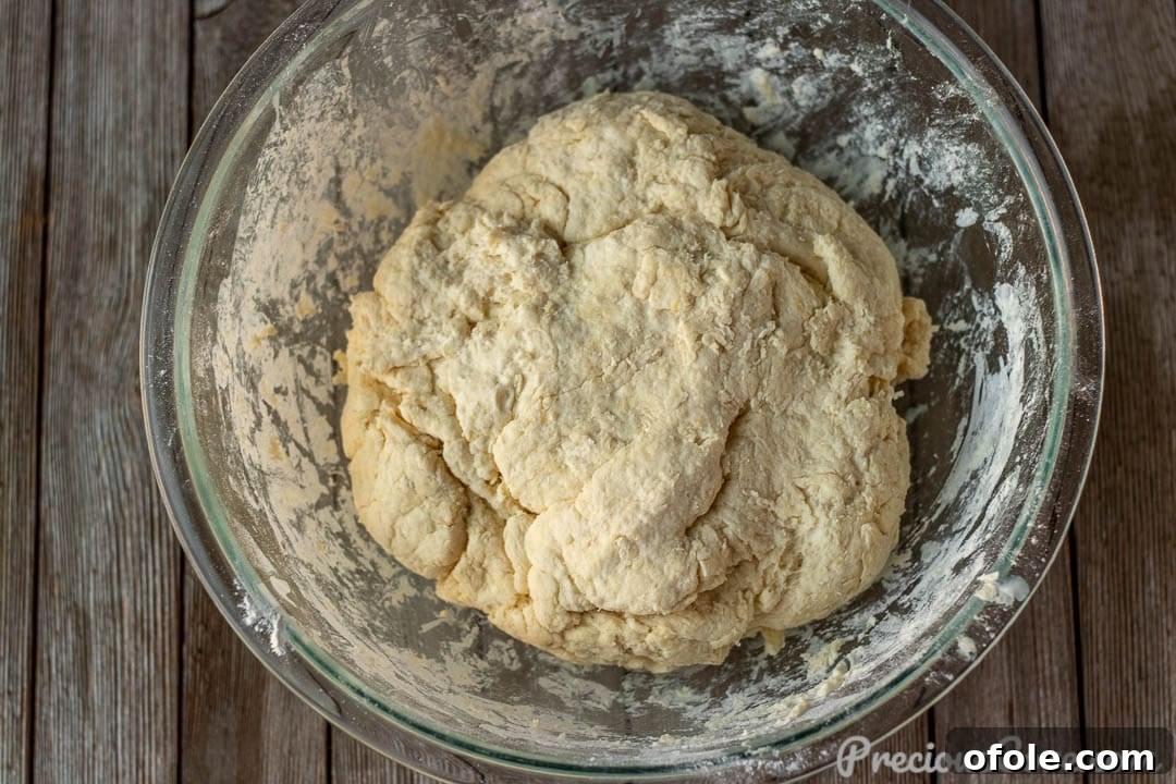 Shaggy biscuit dough in a mixing bowl after buttermilk has been added, showing loose consistency.