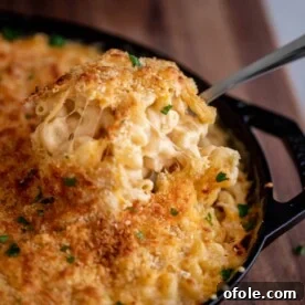 Spoon lifting up creamy mac and cheese from a bowl, showing the rich, gooey texture.