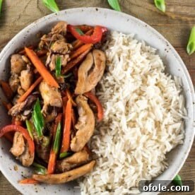 A bowl of rice and chicken stir fry, highlighting an easy dinner recipe for family.