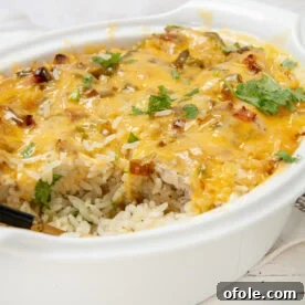 Baked chicken and rice casserole, a hearty and cheesy one-pan meal.